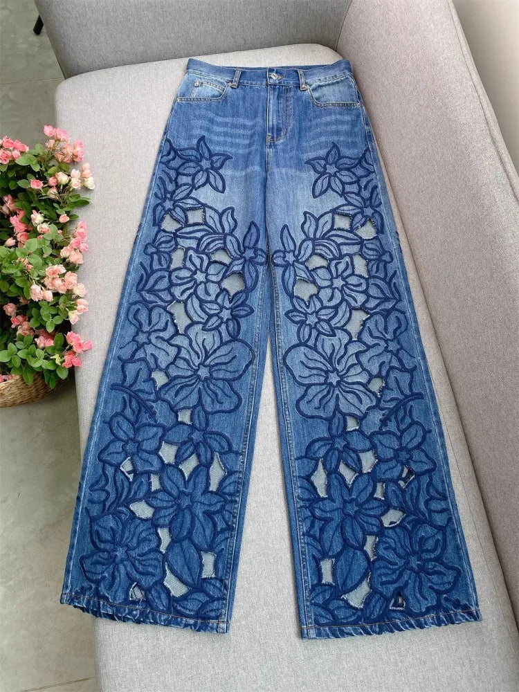 Summer Women Jeans Floral Embroidery Straight Trousers Designer Streetwear Casual Hollow Out Vintage High Waist Denim Long Pants