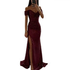 2026 Elegant Off-shoulder Gown Dress V-Neck Sequin Pleated Short Sleeve Waist Tight Maxi Dress Split Evening Party Prom Dress