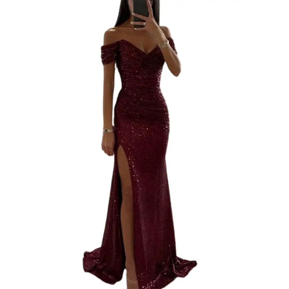 2026 Elegant Off-shoulder Gown Dress V-Neck Sequin Pleated Short Sleeve Waist Tight Maxi Dress Split Evening Party Prom Dress