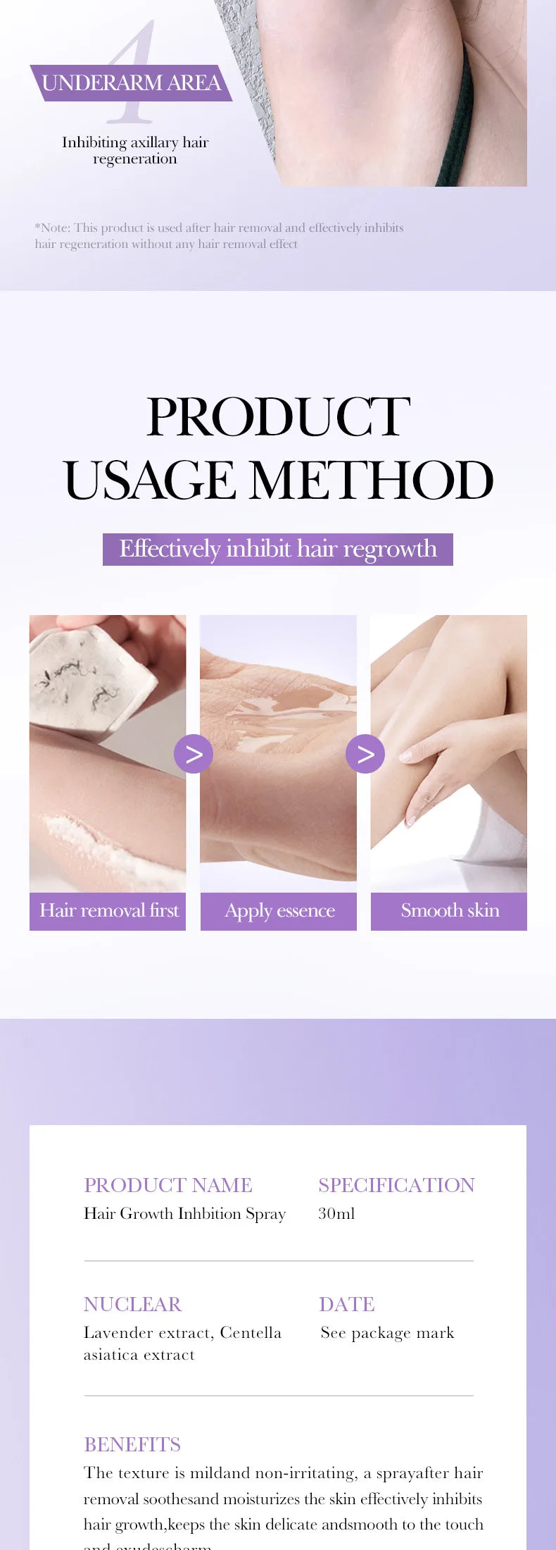 Natural Hair Inhibiting Spray Gently Soothes Nourishes Skin Painless Depilatory Agent Inhibits Hair Growth in Chest Armpit Thigh