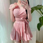 Women'sSwim Set Ribbed V Neck Wrap Crop Top With Tie Waist And Ruffled Flared Skirt Cover Up Modest Summer Bathing Suit Swimwear