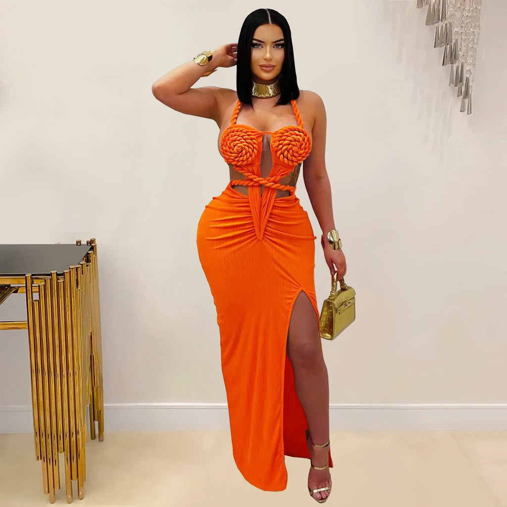 Women's Hollow Out Sleeveless Sexy Knitted Halter Neck Backless Solid Color Dress for Summer 2025