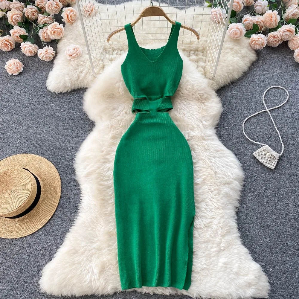 YuooMuoo Women Dress Sexy Cut Out Waist Package Hips Split Bodycon Dress Summer Fashion Lady Knitted Party Vestidos Sundress Secondary image