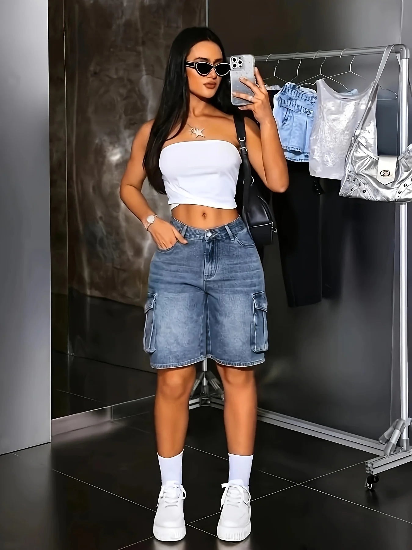 Women's Multi-Pocket Bermuda Blue Overalls Main image