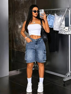 Women's Multi-Pocket Bermuda Blue Overalls