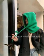 Knitted Hooded Caps Winter Balaclava Hats Women Korean Style Outdoor Warmer Drawstring Hats One-piece Neck Collar Beanies Cap
