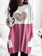 2026 Plus Size Europe And The United States Autumn Love Printed Round Neck Loose Color Contrast Long Sleeve T-Shirt Women