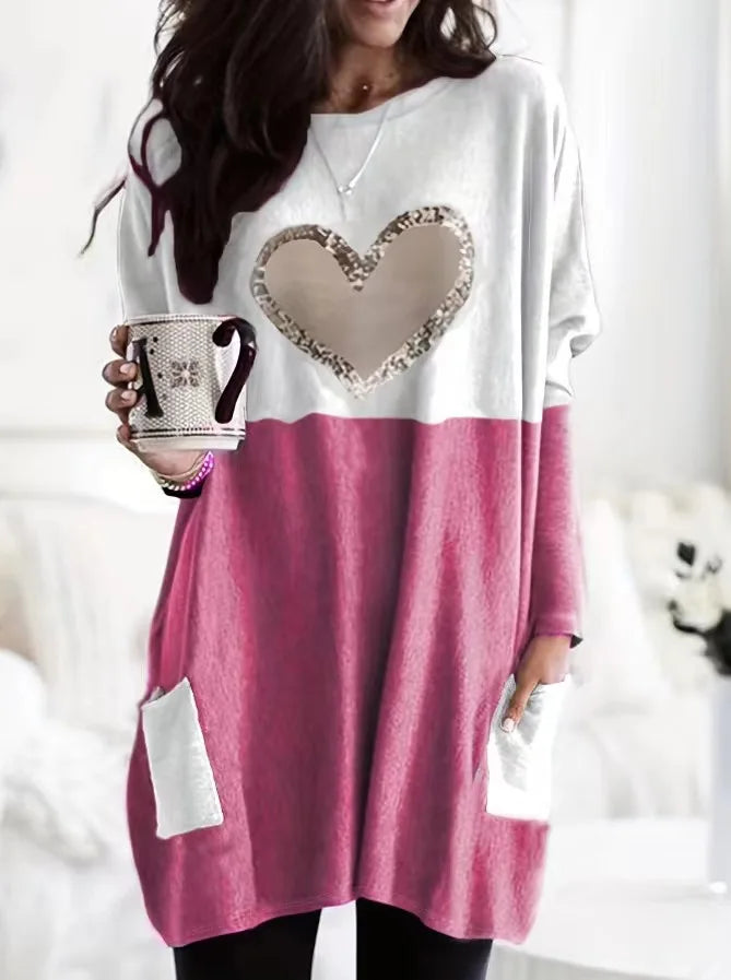 2026 Plus Size Europe And The United States Autumn Love Printed Round Neck Loose Color Contrast Long Sleeve T-Shirt Women