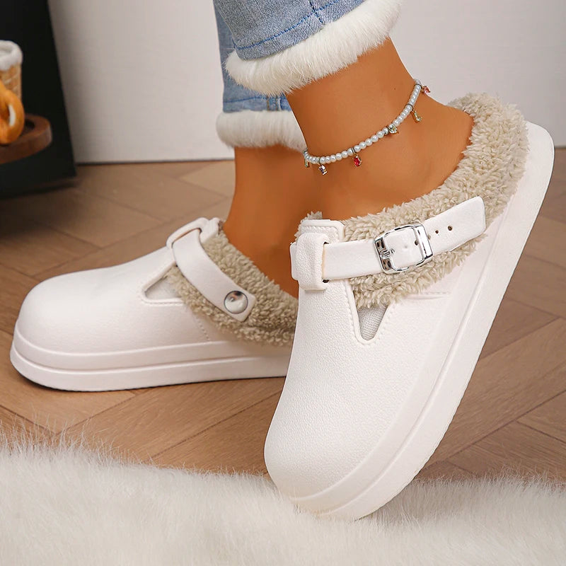 Winter Warm Fluffy Clogs Slippers Women Eva Waterproof Non Slip Home Slides Woman Lightweight Soft Sole Fuzzy Cotton Slippers