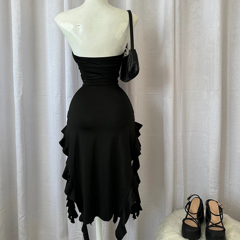Women Strapless Sexy Floral Fold Hemline High Slit Mini Dress  2026 Solid Backless Sleeveless Black And Pink Party Dress Vestidos