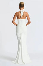 Deep V Neck Draped Ruched Sexy Maxi Dress Women Summer Fashion Halter Sleeveless Backless Club Party Long Dress Elegant BM98