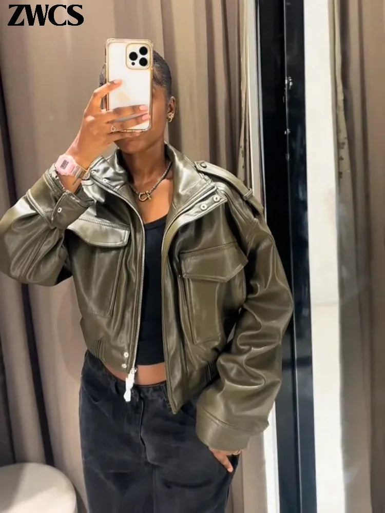Vintage Zippers Short Leather Jackets Women's Casual Lapel Button Pockets Full Sleeve Coat 2025 Autumn New Lady Chic Streetwear Main image
