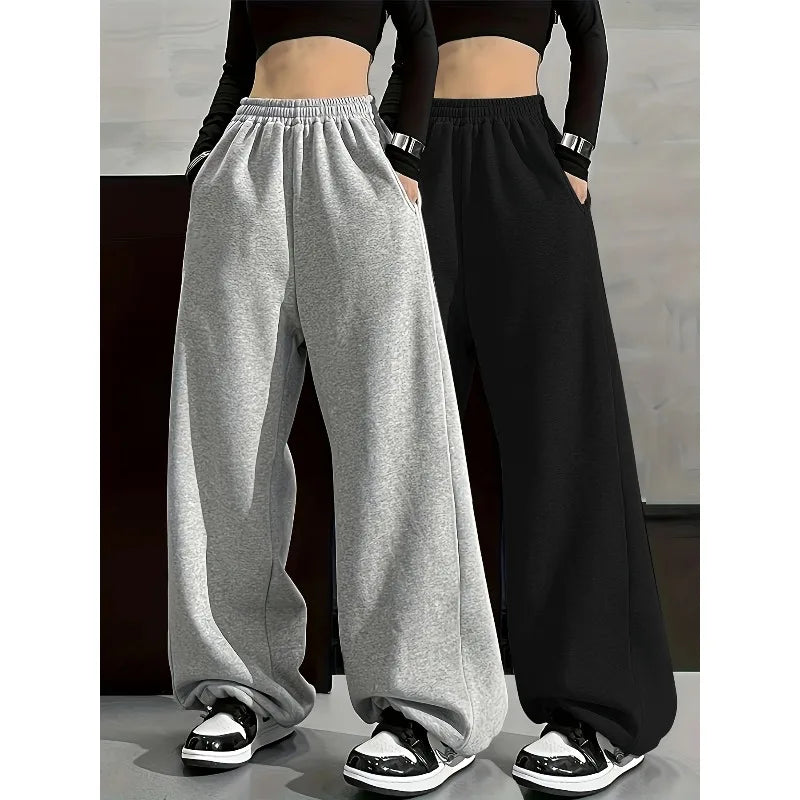 Solid Color Comfortable Wide Leg Pants with Elastic Waist Pocket, Casual Loose Fit for Autumn and Winter Main image