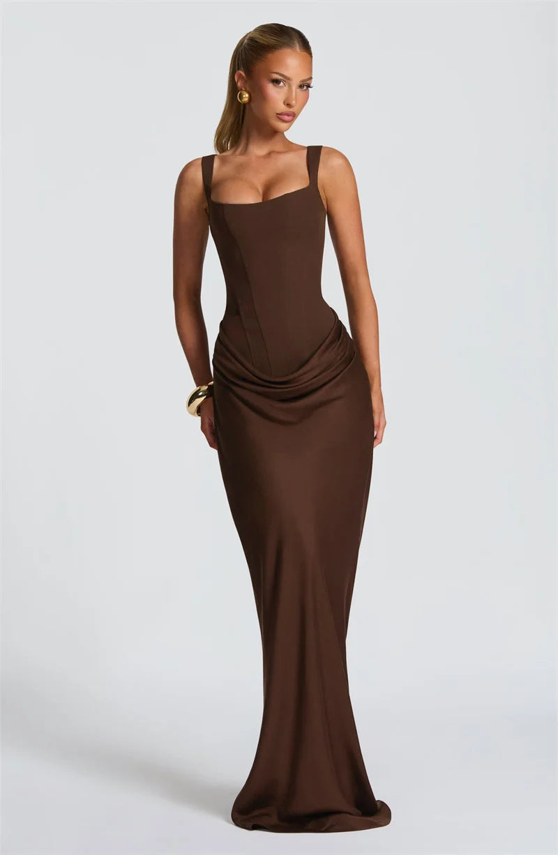 Mozision Elegant Backless Sexy Maxi Dress Women Gown Fashion Square Collar Sleeveless Skinny Ruched Club Party Long Dresses