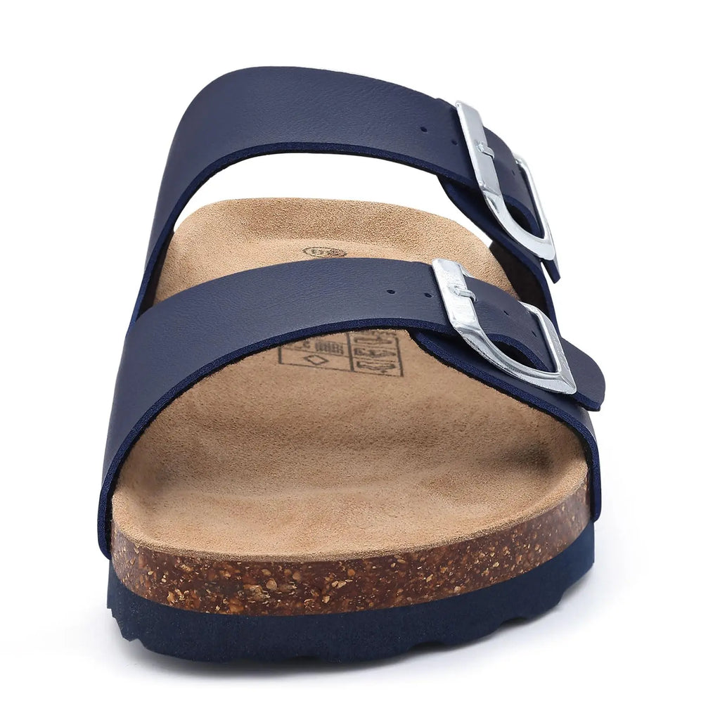 Comwarm Fashion Men Leather Sandals Summer Cork Footbed Slide Sandals Beach Sandals Unisex Brand Sandals with Adjustable Buckle