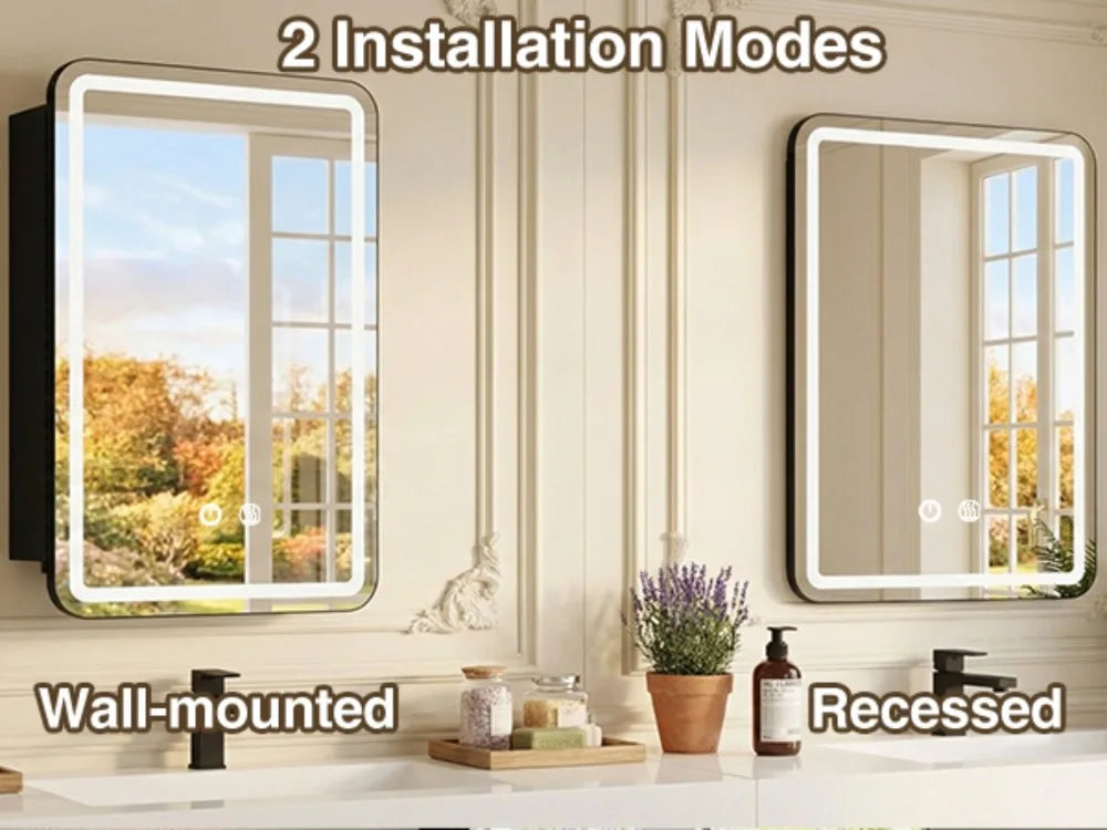 LED Bathroom Mirror Cabinet 3-Tier Storage Detachable Shelves Color Dimmable Defogging Wall Mounted Cabinet Bathroom Furniture