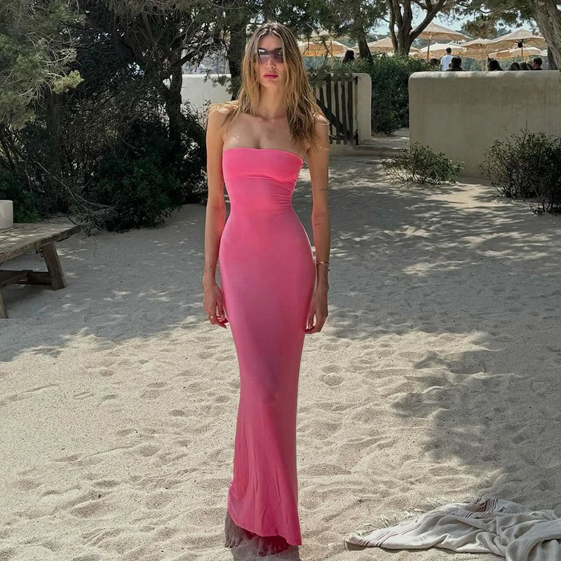 Hugcitar Elegant Women Solid Strapless Backless Bandage Sexy Bodycon Maxi Dress Summer Women Y2K Clothes Beach Vacation Party