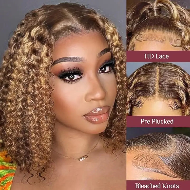 Curly Short Bob Wig Highlight 4/27 Honey Blonde 100% Human Hair 13x4 Lace Front Wig Deep Wave For Women Virgin Human Hair Secondary image