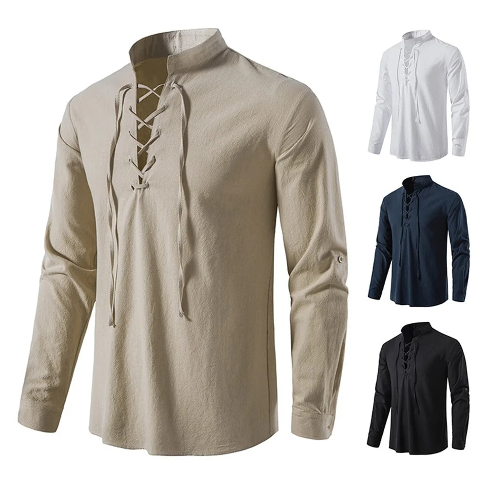 New Men's Casual Blouse Cotton Linen Shirt Tops Long Sleeve Tee Shirt Spring Autumn Slanted Placket Vintage Yoga Shirts Secondary image