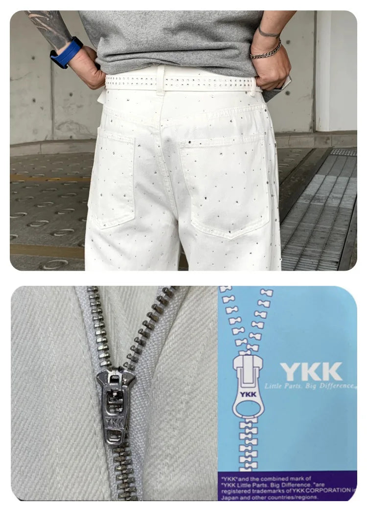 Pants Denim Men Jeans Wide Leg Long Pant Vintage Loose Hot Drilling High Waist Straight Trousers Y2k Streetwear Lace Up Spring