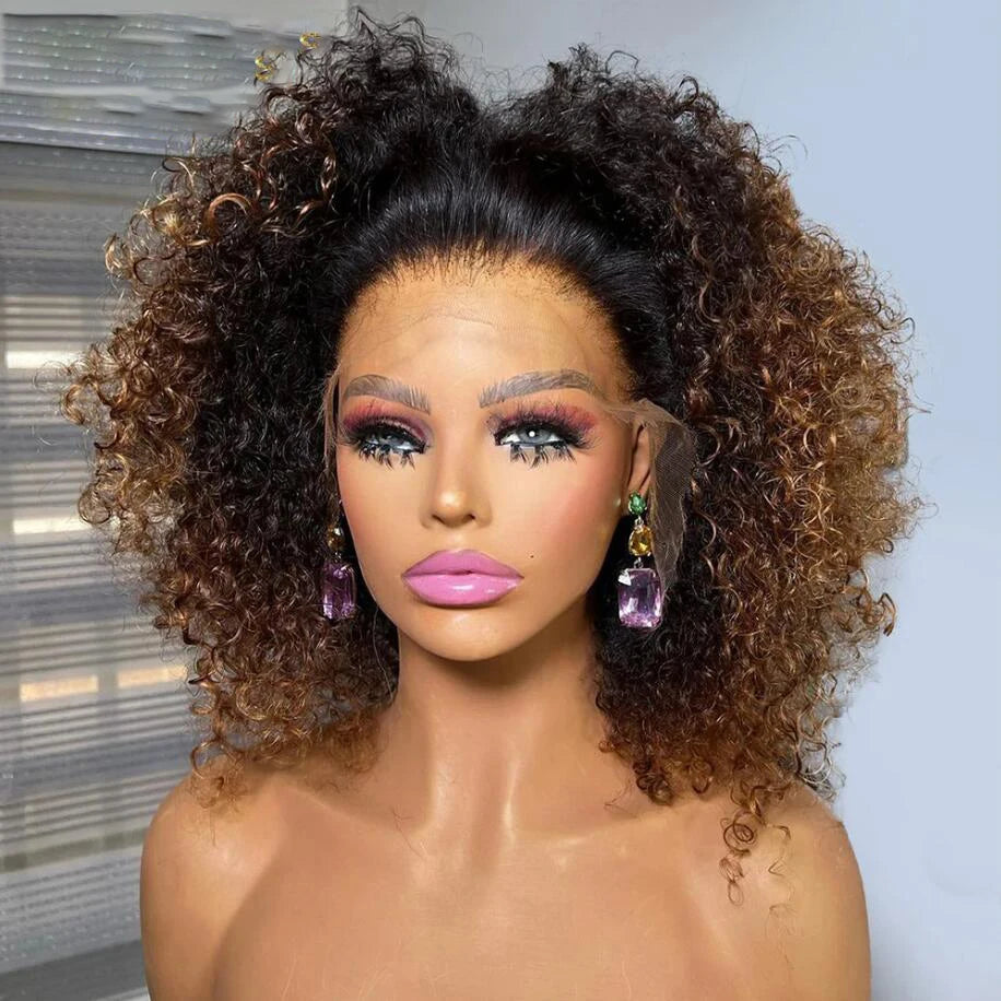 Bob Soft 16“Ombre Blonde Brown Kinky Curly 180Density Lace Front Wig For Black Women BabyHair Glueless Preplucked Heat Resistant Main image