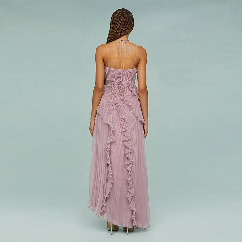 Chic Elegant Lotus Edge Maxi Dress Slim Fit Backless Lace Up Halter Robes Sleeveless Party Vestidos 2026 Nw Lady Vacation Gowns