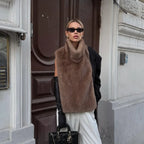 Solid Faux Fur Vest Crop Top Women Fashion Turtleneck Fluffy Short Tank Tops 2025 Winter Female Elegant Sleeveless Jacket Coat