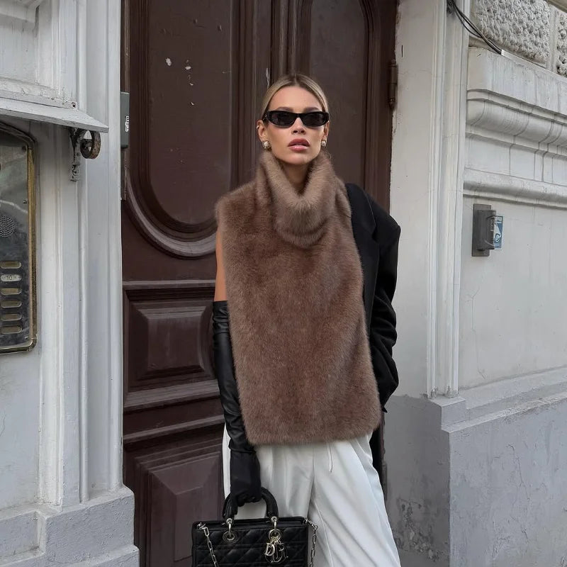 Solid Faux Fur Vest Crop Top Women Fashion Turtleneck Fluffy Short Tank Tops 2025 Winter Female Elegant Sleeveless Jacket Coat