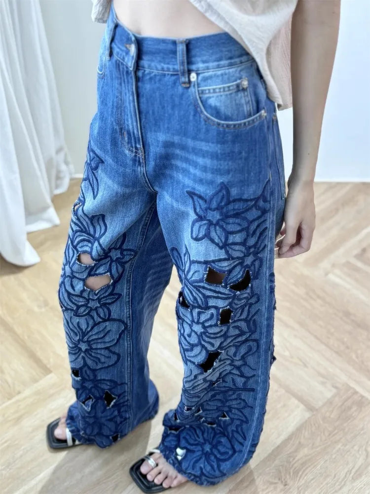 Summer Women Jeans Floral Embroidery Straight Trousers Designer Streetwear Casual Hollow Out Vintage High Waist Denim Long Pants