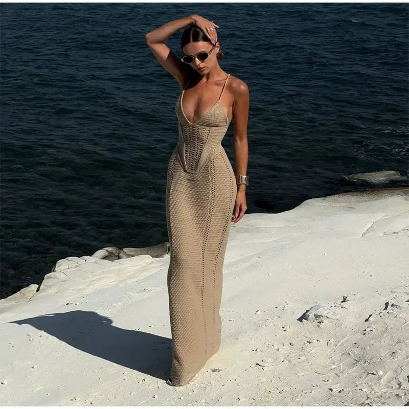 Fashion Solid V Neck Slim Fit Knit Maxi Dress Elegant Hollow Out Lace Up Backless Gown New Lady Summer Vacation Beach Vestidos