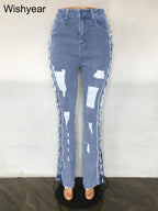 Women's Slim Fit Ripped Denim Jeans High Stretch Blue Pants Eyelet Lace Detail Streetwear Cowboy Style Y2K Flattering Bottoms