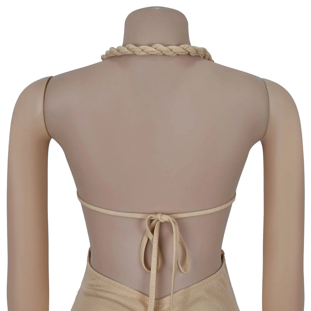 Women's Hollow Out Sleeveless Sexy Knitted Halter Neck Backless Solid Color Dress for Summer 2025
