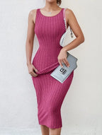 Solid Backless Tank Dress，Summer new sexy backless mid-length knitted sleeveless dress