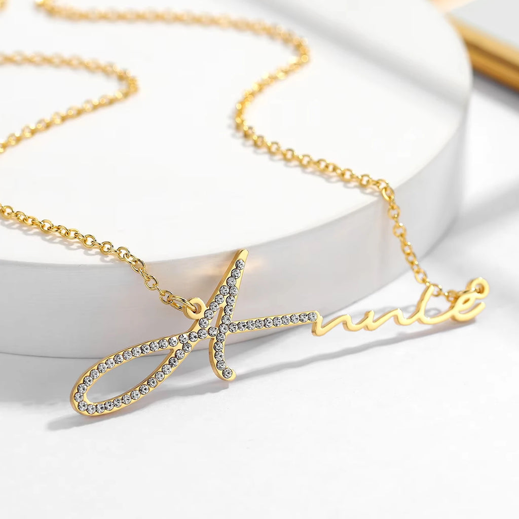 Qitian Personalized Signature Dainty Diamond Name Necklace Stainless Steel Handmade Custom Name Zircon Crystal Jewelry For Women