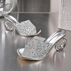 Elegant Pointed Toe High Heels Slippers Women Summer Fashion Clear Crystal Heel Sandals Woman Shiny Sequins Banquet Party Shoes