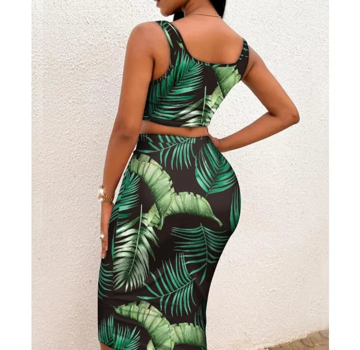 Two Pieces Set Outfits Women  & 2026 Summer Sexy Sleeveless Suspender Top and High Waisted Tight Fitting Hip Wrap Skirt Print Suits