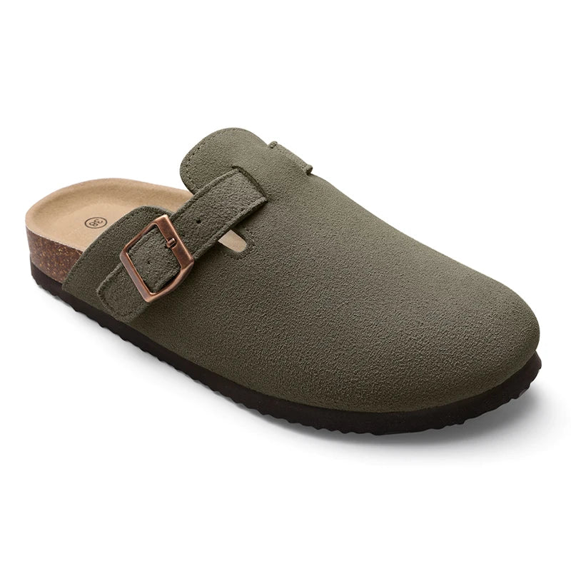Kidmi Men's Suede Clogs Cork Footbed Clogs for Women Soft Leather Adjustable Buckle Slip-on Potato Shoes Sandals Beach Slippers
