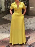UOOZEE Office Lady Formal Notched Collar Commute Maxi Dresses Short Sleeves Buttoned Pockets Casual A-Line Yellow Dress 2025 New
