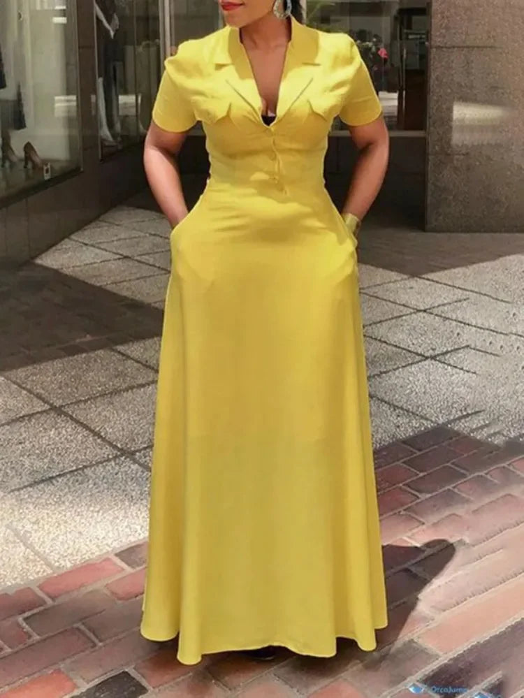 UOOZEE Office Lady Formal Notched Collar Commute Maxi Dresses Short Sleeves Buttoned Pockets Casual A-Line Yellow Dress 2025 New Main image