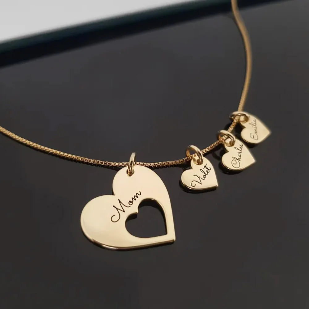 Personalized Name Hearts Necklace For Mom Engraved With Multiple Kids Names Customized Stainless Steel Jewelry Mother's Day Gift