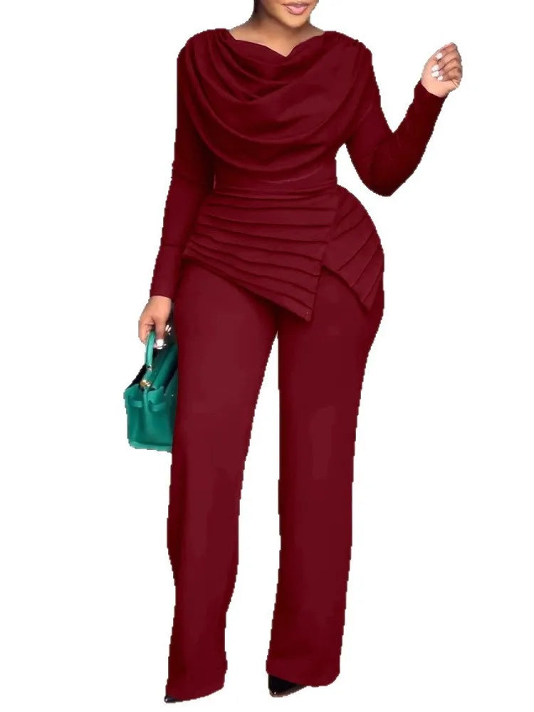 Swing Collar Ruched Jumpsuit Long Sleeve Solid Elegant Office Ladies Asymmetric Hem Autumn Casual Vintage Ruched Slim Rompers