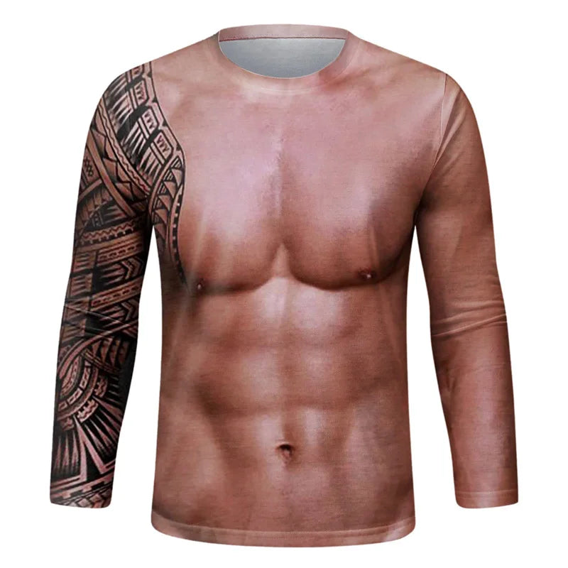 Funny Fake Muscle Graphic T Shirt Men's Long Sleeve T-Shirt New Arrival Sports 3D Printed Tshirt Casual Spring Running Tees Tops