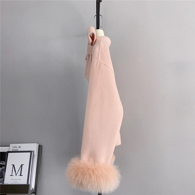 2025 & 2026 New Winter Real Natural Fox Fur Cuff Coat Ladies Outwear Female Coat Cashmere Wool Woolen Women Luxury Jacket