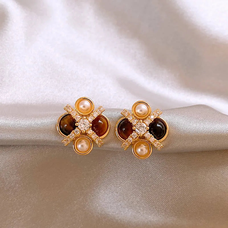 2026 New Design Natural Tiger Eye Stone Micro inlaid Zircon Geometric Earrings for Women's Trendy Jewelry Luxury Accessories