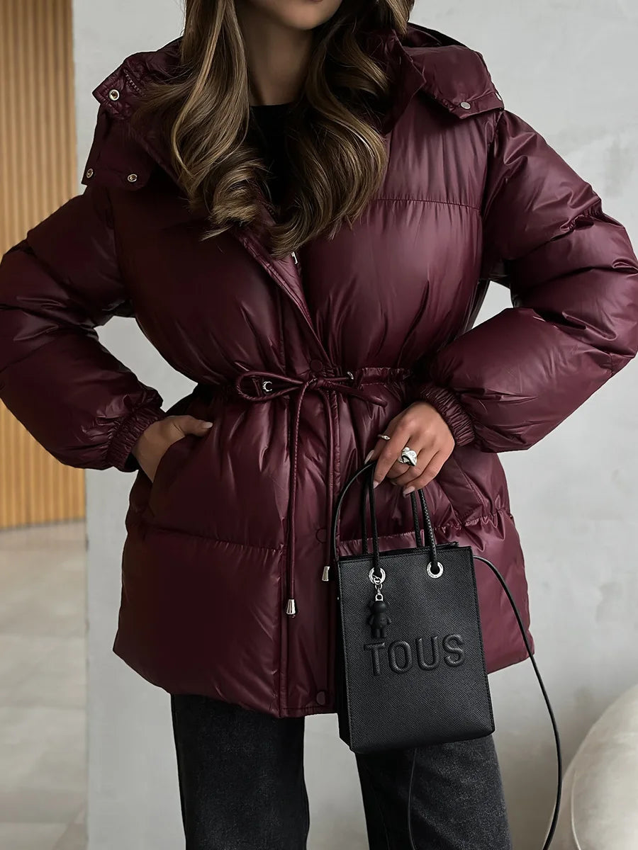 Bornladies Drawstring Slim Fit Cotton Jacket Women's  Winter New Hooded Zipper Cotton Robe Comfortable Warm Bread Jacket