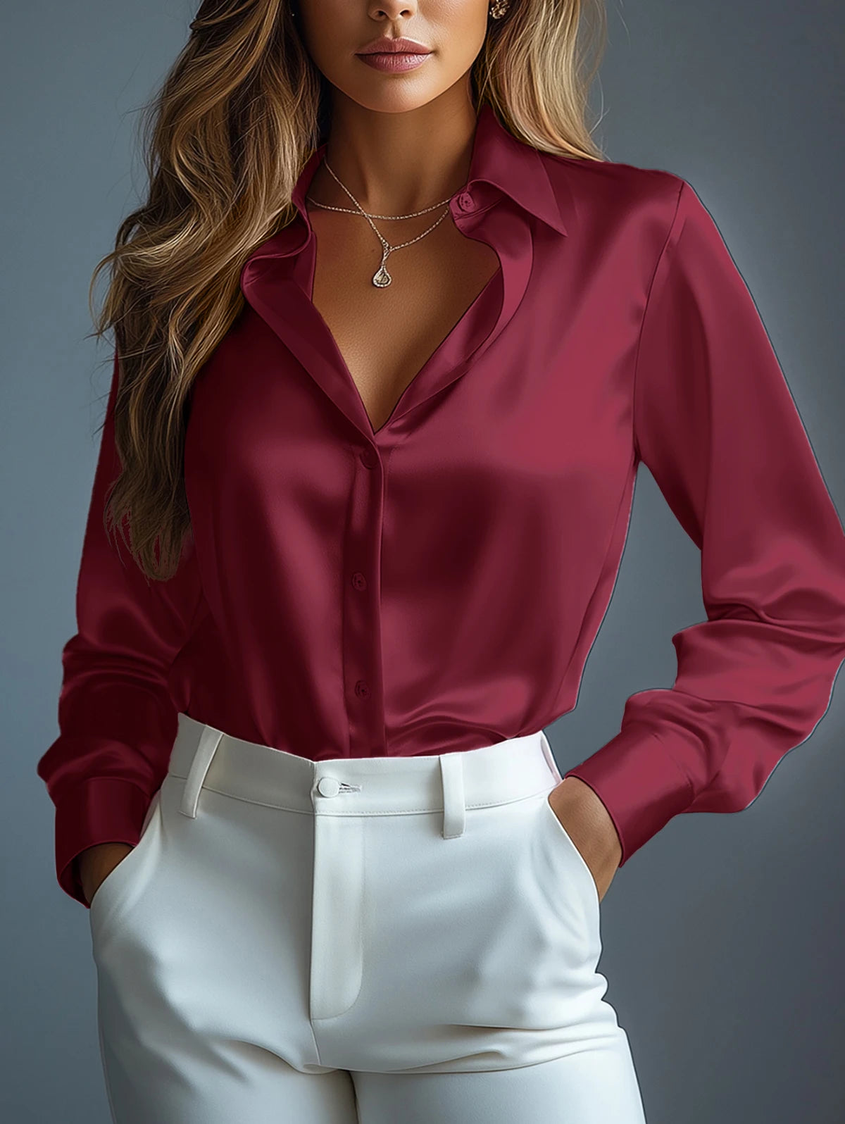 Women's Satin Shirts Elegant Plain Long Sleeve Blouse Office Lady Button-Up Shirt Top Female Crew Neck Shirts Blouse 2025 & 2026 Autumn