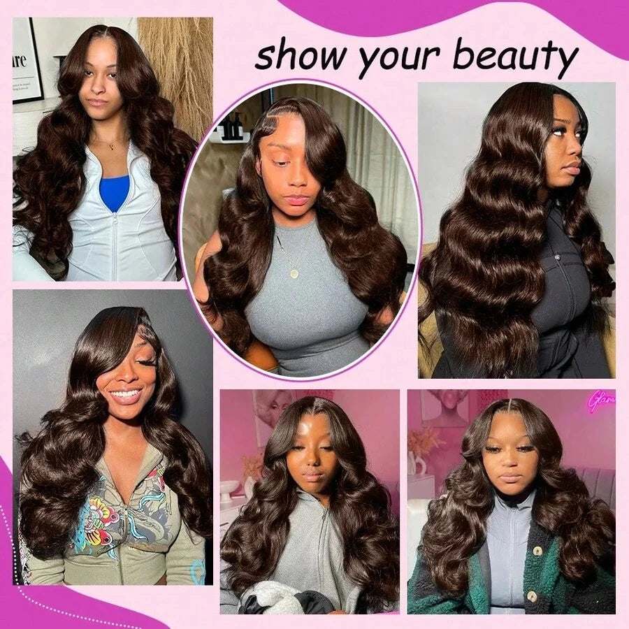 Chocolate Brown Body Wave Lace Front Wig Human Hair 220 Density Frontal Lace Wigs 30 Inch 13x6 HD Transparent Lace Human Wigs