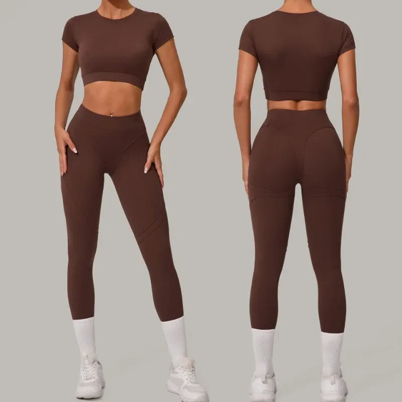 Gym Workout Yoga Fitness Sports Suit Short-sleeved Top Padded-free High-waisted Hip-lifting Trousers Outdoors Leisure Sportswear Secondary image