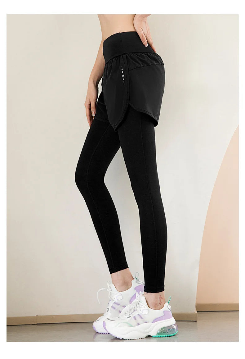 Women's Gym Leggings Elastic High Waist Fake Two Pieces Yoga Pants With Pockets Sportswear Running Tights Gym Yoga Wear