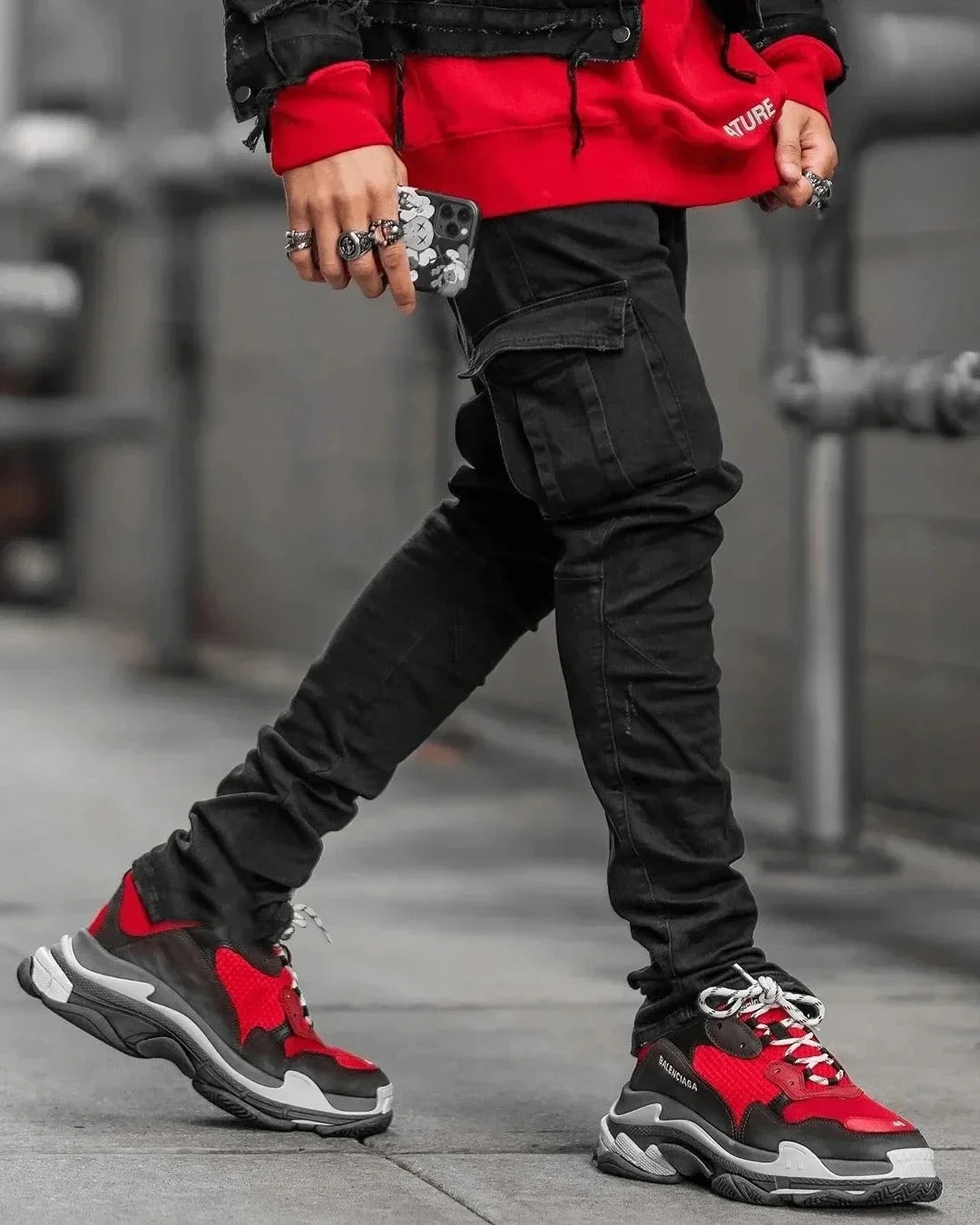 Men Street Elastic Denim Jeans Wash Solid Color Multi Pockets Cargo Pants Casual Slim Fit Daily Wear Joggers Mid Waist Trousers